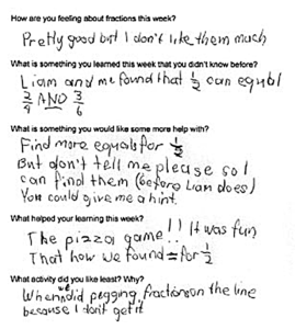 A student’s response to five questions related to fractions teaching and learning.