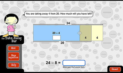The problem 24 minus 8 solved by subtracting 4 from 20 and then adding 4, with a diagrammatic representation.