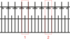 A drawing of a fence showing two groupings of uprights railings, each of which is a repeating pattern.