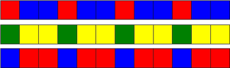 Three rows of twelve coloured squares. The first is red-blue-blue repeated; the second is green-yellow-yellow repeated; the third is blue-red-red repeated.