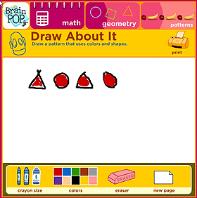 Screen grab of a Brainpop Draw About It activity. The student have started to construct a triangle-circle repeating pattern.