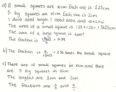 Row of eight small squares matched to row of five large squares. Student response to questions comparing the areas, explaining reasoning.