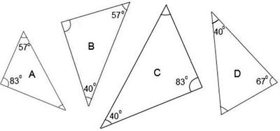 Four triangles of different sizes, each labelled with two interior angles.